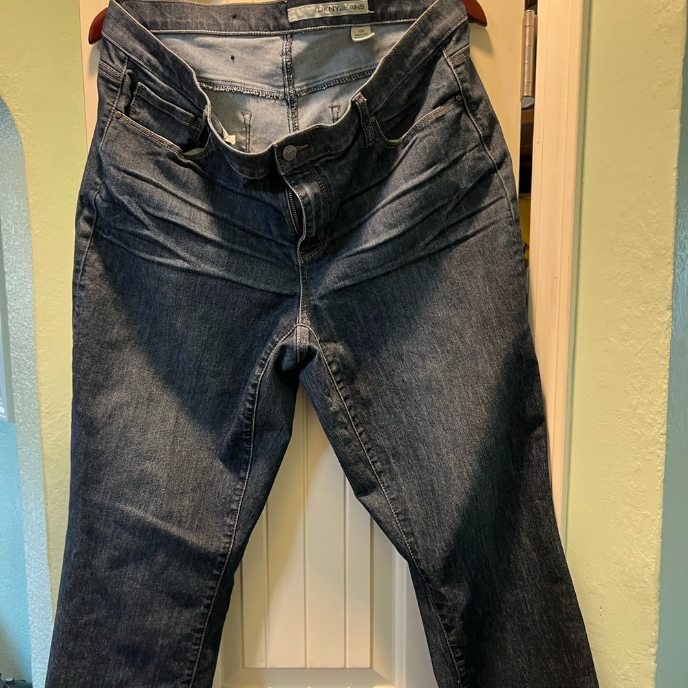 DKNY blue med wash denim bootcut jean, size 16W